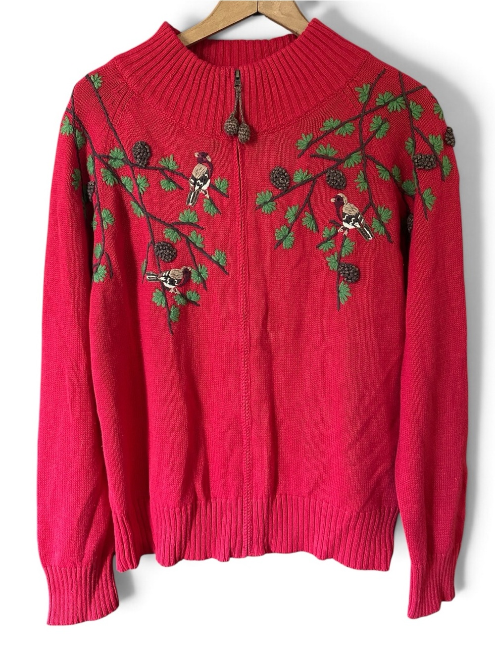Vintage Coldwater Creek Red Full-Zip Sweater Embroidered Birds, Size Large